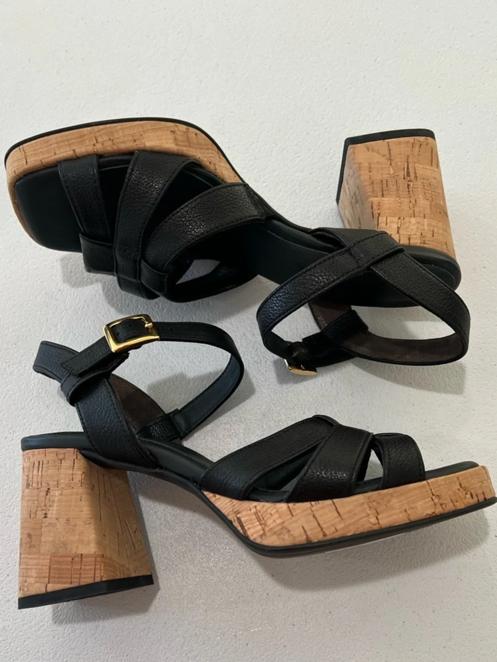 PAUL GREEN Black Leather Cork-Platform Strappy Sandals  comfor insole 7